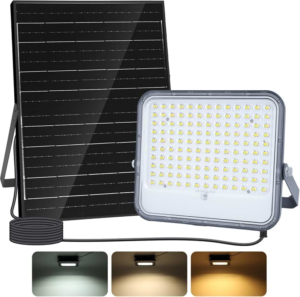 Aigostar- Faro led esterno con grande pannello solare，dimmerabile 3000/4000/6500K，16000mAH，Batteria di grande capacità，IP66，Faretto led da esterno solare con telecomando per esterno e giardino