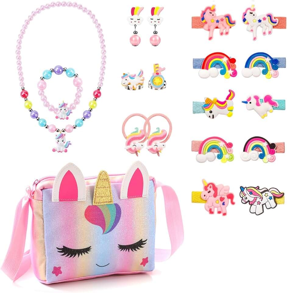 KDISHKRA Set di 20 Gioielli per Unicorno Borsetta Bambina, Girls Princess Borse con Accessori per Capelli,Mollette per Capelli,Collana,Bracciale,Anello,Orecchini, Regali di Compleanno 3-9 Anni