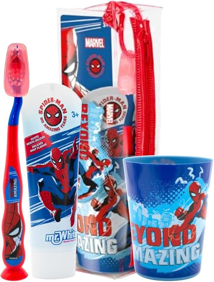 La borsa da toilette Spiderman contiene spazzolino da denti con tappo di protezione, ventosa, manico comodo e setole morbide, dentifricio al gusto di menta e bicchiere multiuso per bambini