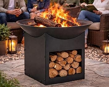 Braciere da Esterno Giardino con Porta Legna Terrazzo Cestino in Ferro per Legna Ciotola per Fuoco Braciere Rotondo Diametro 57 cm Altezza 41 cm Colore Nero Mod. Brisbanne