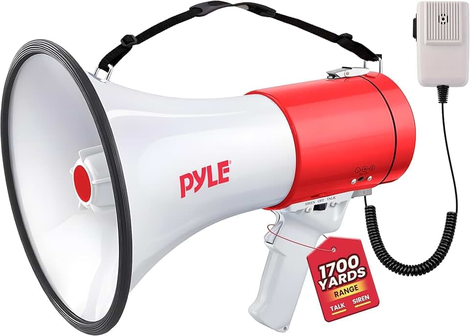 Pyle Megafono Portatile con Sirena Integrata, Megafono 50 Watt, Controllo Volume Regolabile e Funzione Registrazione, Ideale per Sport e Sicurezza