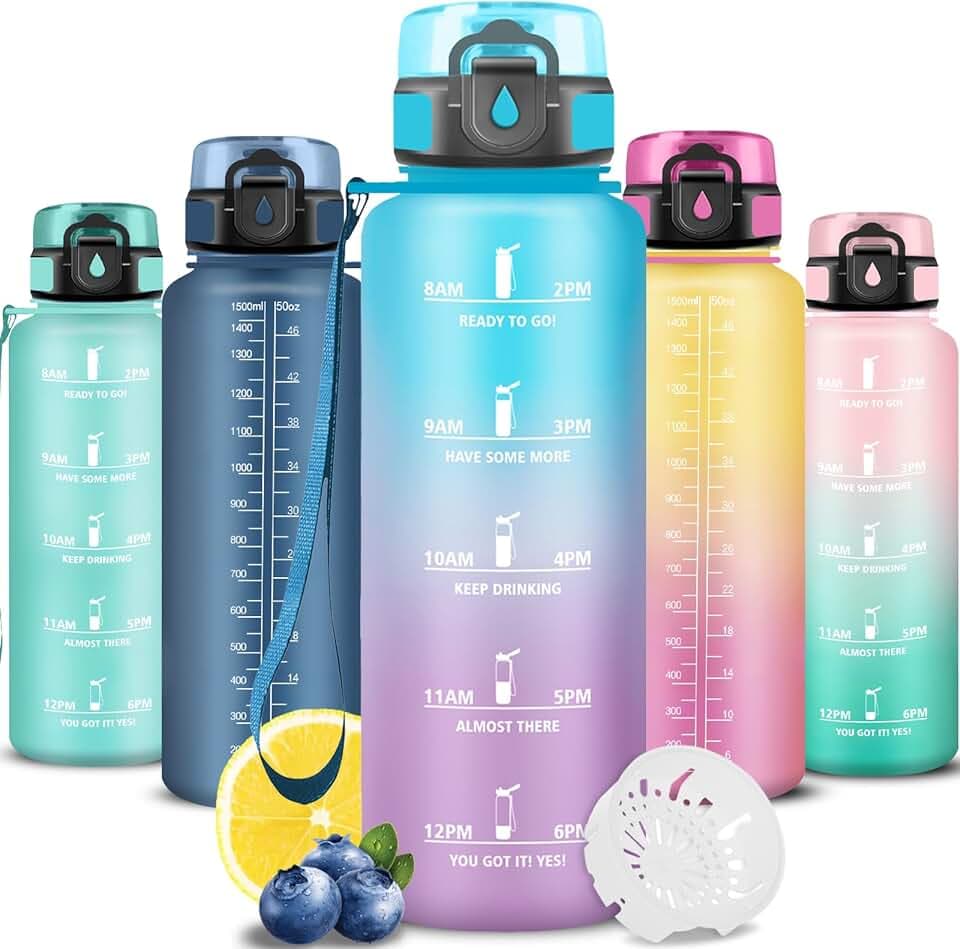 Grsta Borraccia 1.5 litri, Borraccia Palestra, Boraccia Senza Perdite, Facile da Pulire, Boraccia Motivazionale, Bottiglia Orari, Facile da Trasportare, Bottiglia per Campeggio, Viaggio, Fitness