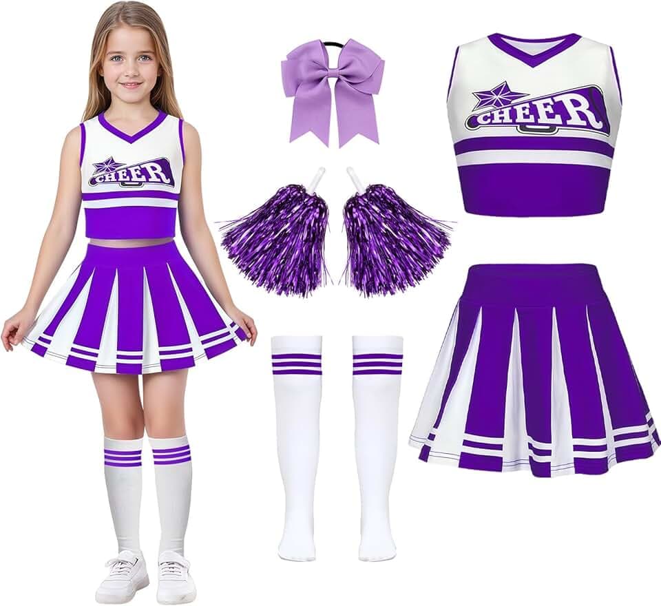 Luckyou Vestito Cheerleader Bambina Costume da Cheerleader Ragazze con Pompoms Calze Vestito Carnevale Bambina per Halloween Giornata Sportiva