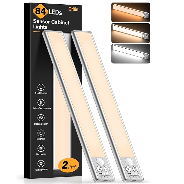 Gritin Luce Led Sottopensile Cucina Ricaricabile 2 Pezzi- 3 Colori & 5 Luminosità, Super Luminoso, 4 Modalità, Sensore di Movimento, Lunga Durata- Facile Installazione Magnetiche Luce Armadio-26CM