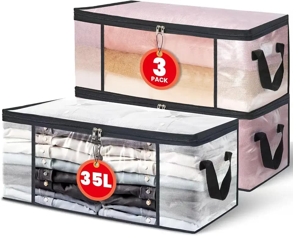 3 Pezzi Scatole per Vestiti Trasparenti 35L – Contenitori Pieghevoli con Cerniera e Manici – Organizer Salvaspazio per Armadio o Sotto Letto