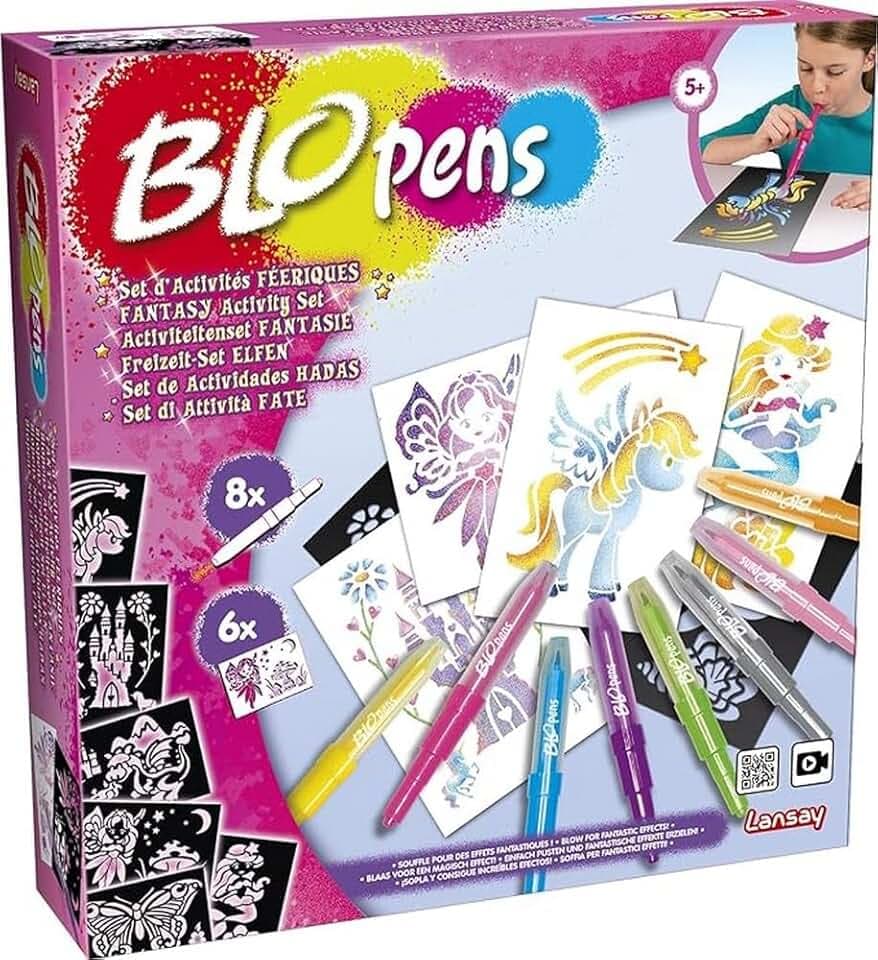 Lansay - BLOPENS - Set attività Fatate - Pennarelli da Soffiare con Stencil Riutilizzabili - Idea Regalo Bambini dai 5 Anni - Kit Creativo Disegni Fate, Unicorni e Sirene Glitterate