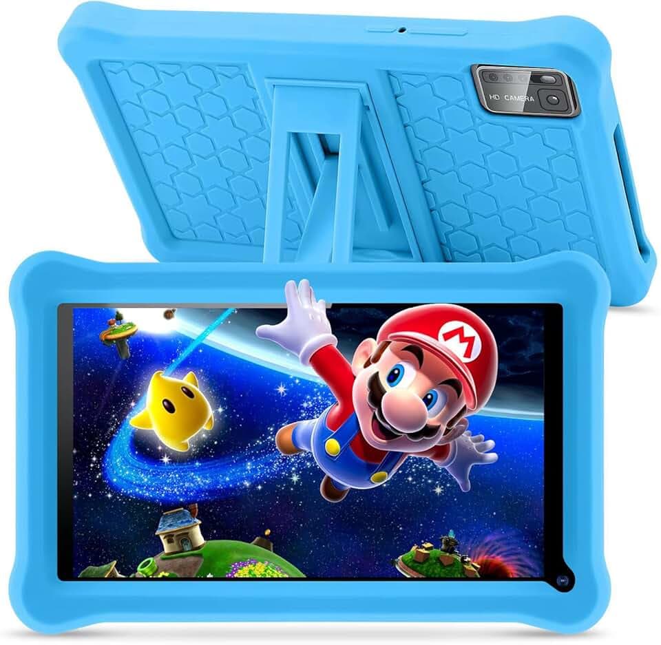 Tablet bambini 7 pollici con Controllo Parentale, Android 13, Schermo IPS, 8GB RAM 64GB ROM(256 GB Espandibile), WiFi, App Pre-installed, Doppia fotocamera, Tablet Educativo con Custodia (Blue)