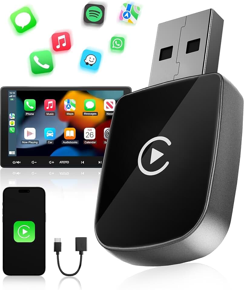 Adattatore CarPlay Wireless, Bluetooth V5.3 Connessione Stabile, WiFi 5.8GHz ad Alta Velocità, USB C/A, Converte da Cablato a Wireless per Apple iPhone iOS 10+, Auto dal 2016