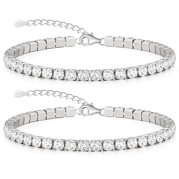 J.Fée 4MM Bracciale Tennis Uomo Argento 925 Braccialetti, 2 Pezzi Tennis Uomo Bracciale con Zirconi Cubici, Bracciali Ipoallergenico Sovrapponibili Braccialetto Regalo Per Uomini