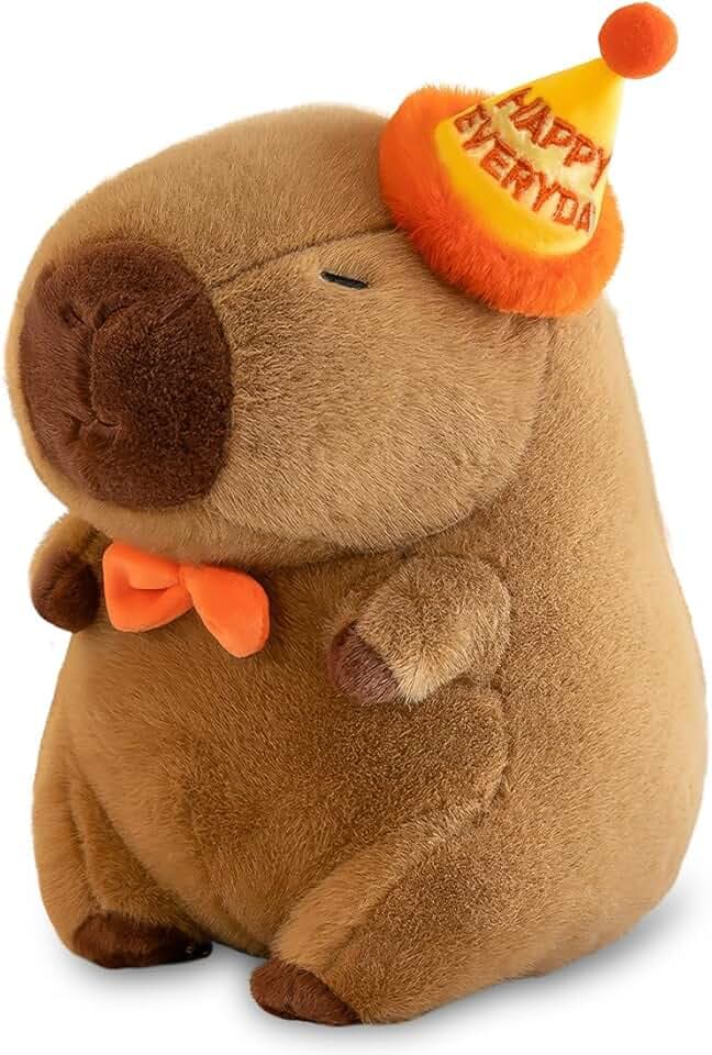 Capibara Peluche, 25 cm Peluche Capybara Bambola, Simpatico Capybara Plush, Pupazzo Kapibara Cute, Simpatico Capybara Plush, Capibara Peluche Giocattolo con Compleanno Cappello per Ragazzi Ragazze