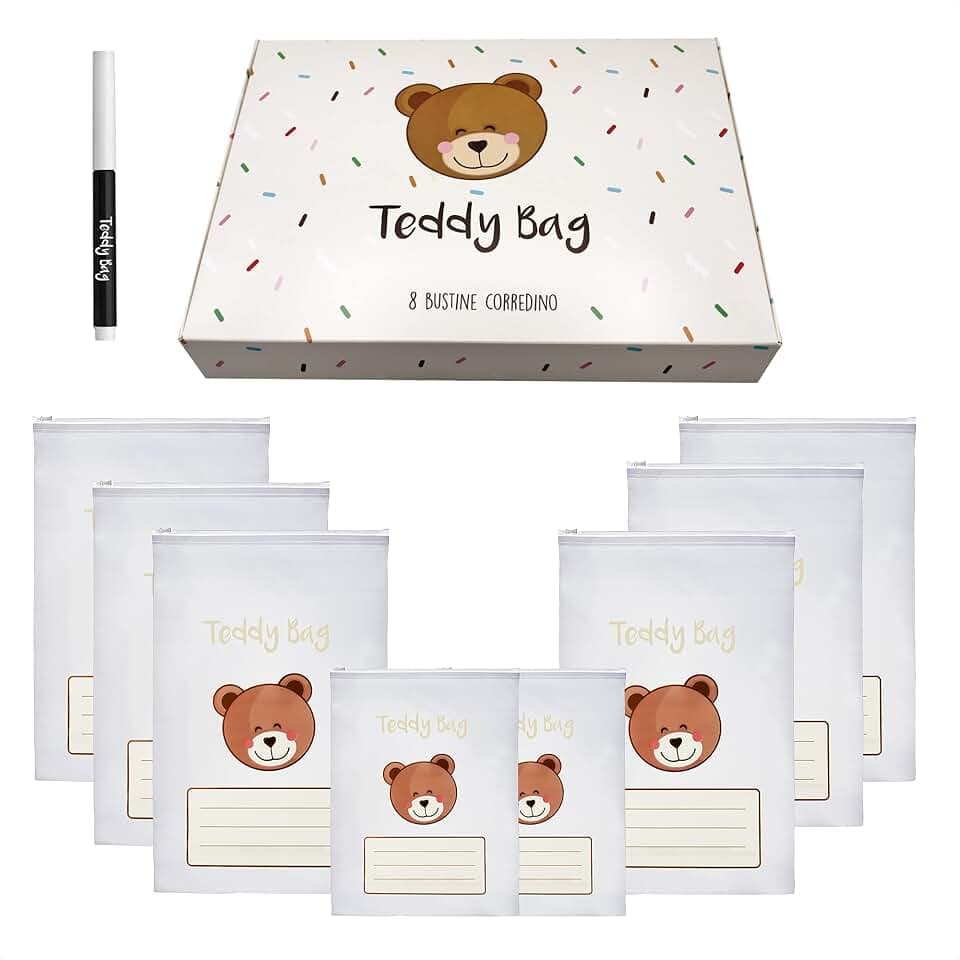 Teddy Bag 8 Bustine Corredino Neonato 100% Made In Italy Sacchetti Cambio Bimbo Borsone Nascita per Future Mamme Borsa Parto Ospedale Lista Nascita Bebè Regalo Neonati Maschio e Femmina