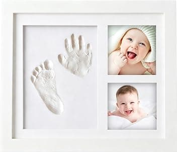 Kit Impronte Mani e Piedi Neonato, Argilla Sicura al 100% per Bambini, Cornice Ricordo in Legno Massello Potenziata per Nuove Mamme, Regalo per Baby Shower e Natale-Bianco
