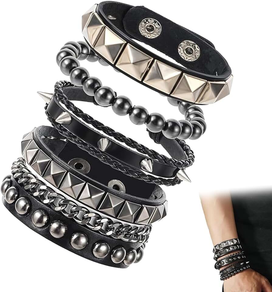 FMPXYYA Bracelet Punk Rock Gothique Set 4 Pezzi Manchette à Clou in Pelle PU Regolabile Uomo Donna, Stile Rivet con Catena e Punta per Concerto, Cosplay, Regalo Alternativo