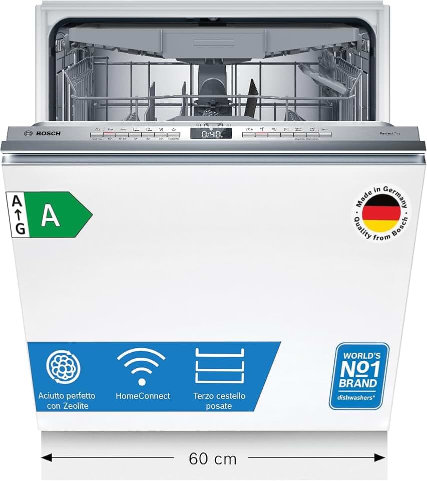 Bosch SMV6YCX02E Serie 6, Lavastoviglie Smart da incasso a scomparsa totale, Cestelli adattabili, Asciugatura con Zeolite, Indicatore lavaggio a pavimento, Acciaio a ridotte emissioni, 60 cm. Etichetta Energetica