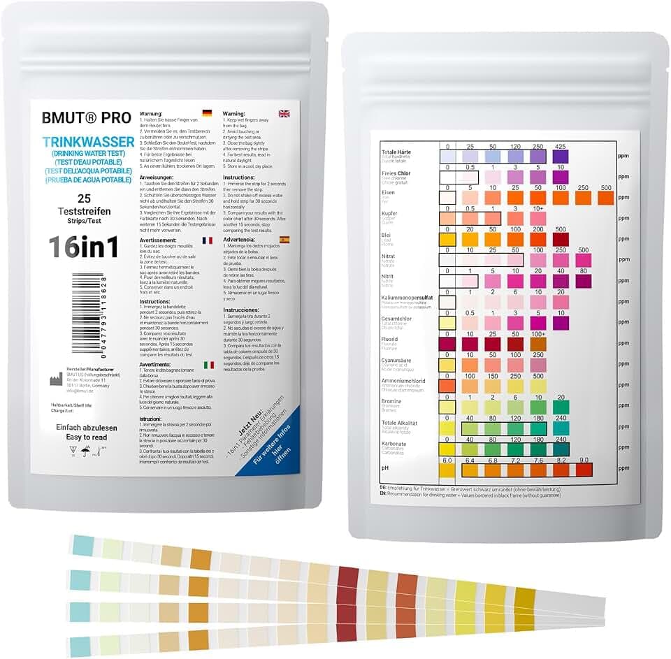 25 x 16 in 1 Strisce per Test dell'Acqua Potabile - Analisi della Qualità dell'Acqua del Rubinetto per Durezza Totale, Piombo, Rame, Nitrati