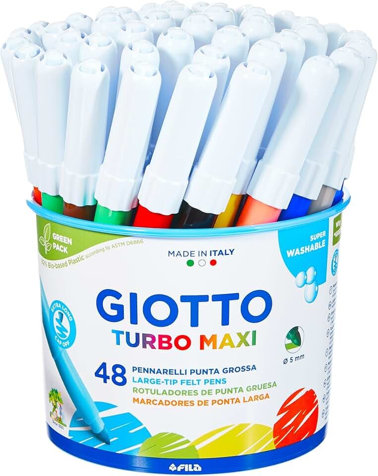 GIOTTO Turbo Maxi - Barattolo Set 12X4 Pennarelli A Punta Larga, 5 mm, Super Lavabili