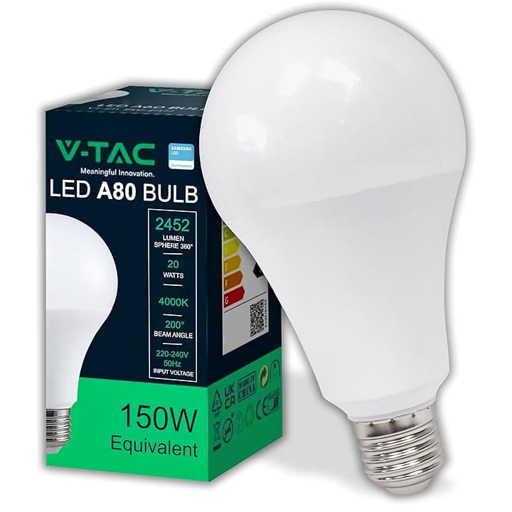 V-TAC Lampadina LED A80 con Attacco E27 20W (Equivalenti a 150W) - 2452 Lumen - Lampadine LED con Massima Efficienza e Risparmio Energetico - Luce Bianca Naturale 4000K