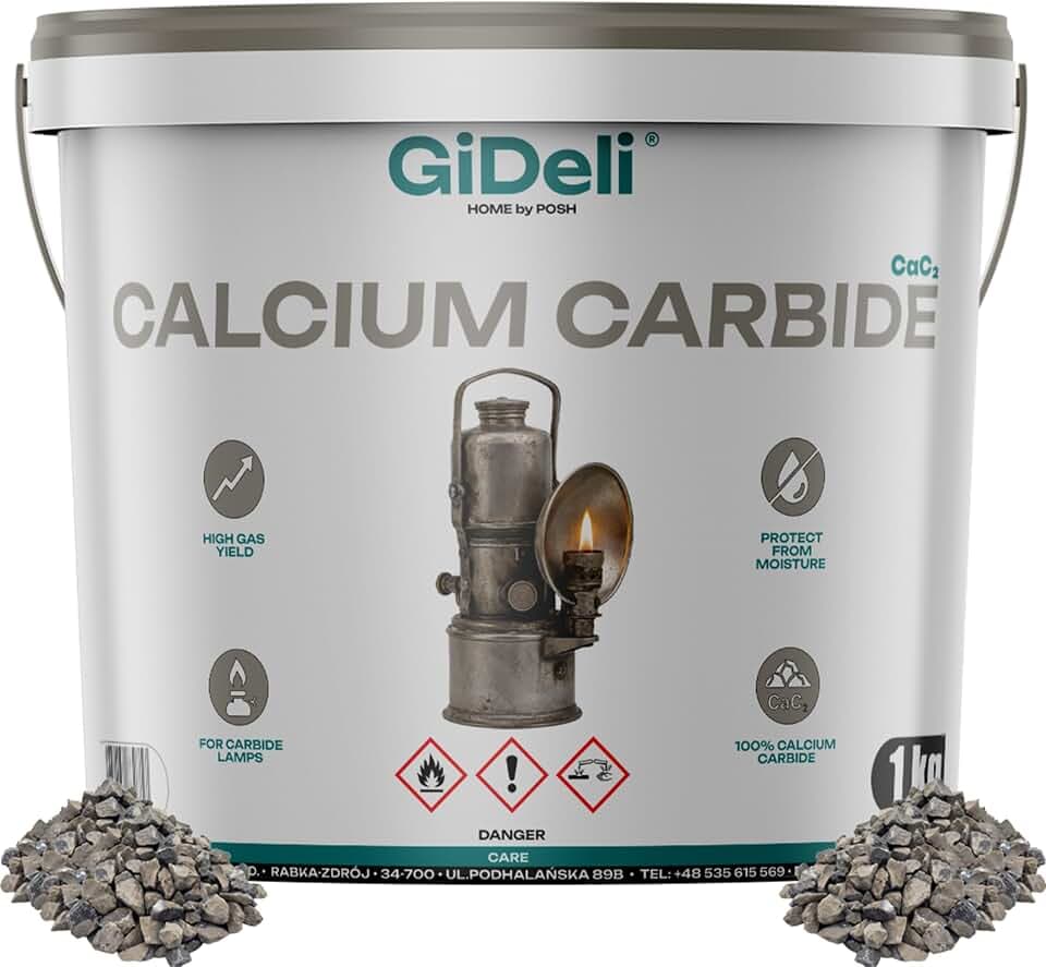 GiDeli Carburo da 1 kg in secchio, carburo di calcio per lampada al carburo, carburo a bassa polvere con alta efficienza gas, luce uniforme, pietre di carbito cabit per lampade classiche