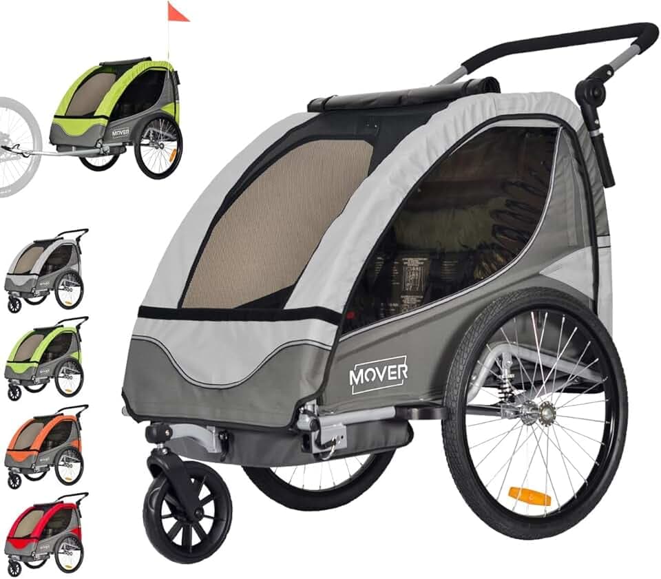 PAPILIOSHOP MOVER Rimorchio Bici per Bambini Passeggino. Anti Rovesciamento Barriera di protezione per le ruote finestre in PVC. 2 posti cintura di sicurezza a 5 punti porta oggetti sedile imbottito