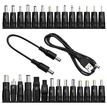 28 Pezzi Adattatore di Alimentazione DC Universale, KUOQIY 5.5x2.1 mm Femmina a Maschio Adattatore Jack Connettore, DC Barrel Connettore Tips con 2 Pezzi Cavo, per Ventilatori, Router