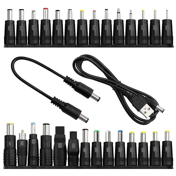 28 Pezzi Adattatore di Alimentazione DC Universale, KUOQIY 5.5x2.1 mm Femmina a Maschio Adattatore Jack Connettore, DC Barrel Connettore Tips con 2 Pezzi Cavo, per Ventilatori, Router