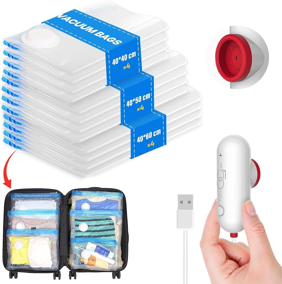 Vacbird Sacchi Sottovuoto Vestiti con Pompa Elettrica Usb, 12 Pezzi di Buste Sottovuoto (4x 40 * 40cm / 4x 40 * 50cm / 4x 40 * 60cm) Sacchetti Sottovuoto Vestiti Viaggio, Riutilizzabili, Salvaspazio