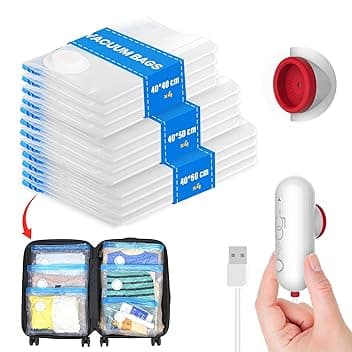 Vacbird Sacchi Sottovuoto Vestiti con Pompa Elettrica Usb, 12 Pezzi di Buste Sottovuoto (4x 40 * 40cm / 4x 40 * 50cm / 4x 40 * 60cm) Sacchetti Sottovuoto Vestiti Viaggio, Riutilizzabili, Salvaspazio