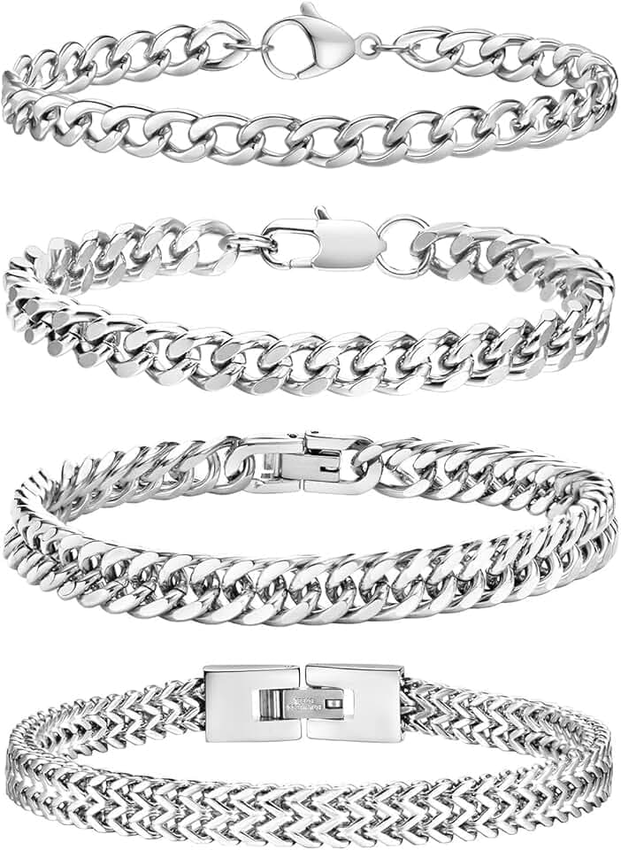Esmoly 4 Pezzi Bracciale Uomo Argento Oro Nero Braccialetto Uomo 316L Acciaio Inossidabile Catena Cubana Regalo Uomo Ragazzo 19CM/21CM/23CM