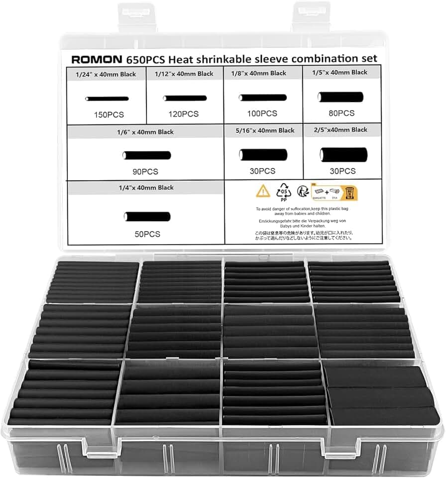 Romon 650 Pezzi Guaina Termorestringente Nera, Termorestringente per Cavi Elettrici, Guaina Termorestringente Tubi, Kit Tubo Termorestringente, Rapporto di Restringimento 2: 1, 8 Taglia