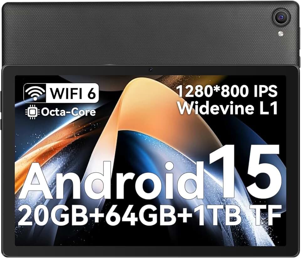 Whitedeer Tablet 10 pollici Android 15 Octa-Core, Face ID, OTG, 20GB+64GB+1TB Espansione, 1280 * 800 IPS, Split-Screen, WiFi 6, BT5.3, Doppia Fotocamera 5MP+8MP, 5000mAh, Widevine L1 (Nero)