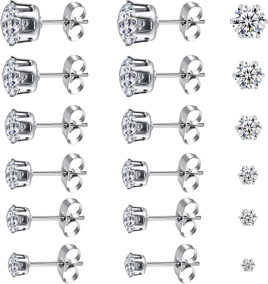 Leikedun 6 Paia Orecchini Uomo Diamante Donna con Zirconia Cubica, Anallergici in Acciaio Chirurgico al Titanio, Brillantini 3 - 8 mm, Bianco