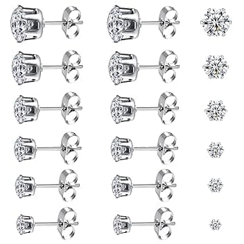 Leikedun 6 Paia Orecchini Uomo Diamante Donna con Zirconia Cubica, Anallergici in Acciaio Chirurgico al Titanio, Brillantini 3 - 8 mm, Bianco