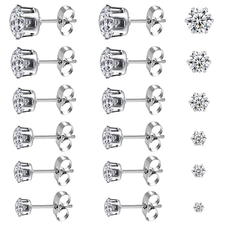 Leikedun 6 Paia Orecchini Uomo Diamante Donna con Zirconia Cubica, Anallergici in Acciaio Chirurgico al Titanio, Brillantini 3 - 8 mm, Bianco