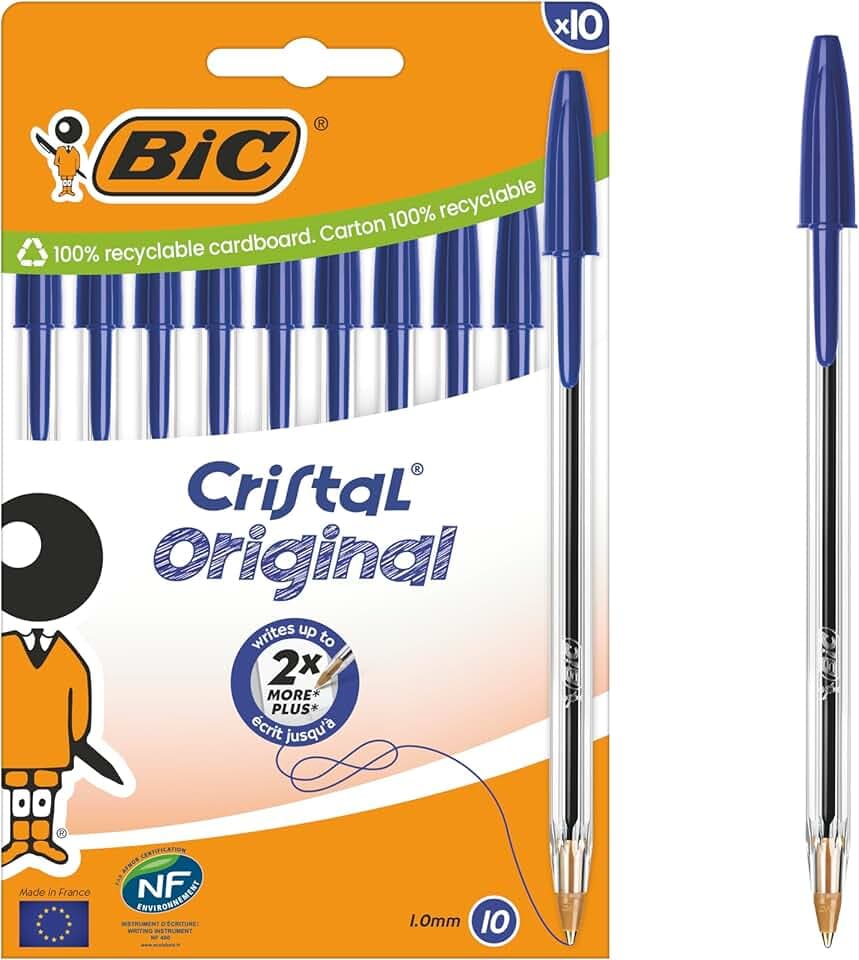 BIC Penne a Sfera Cristal Original con Punta Media (1,00 mm) e Tappi Abbinati al Colore dell’Inchiostro - Blu, Confezione da 10
