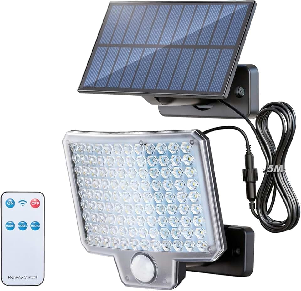 GRIFEMA Lampada Solare da Esterno con Sensore di Movimento, 108 LED, 3 Modalità, 1500mAh, Faretto Solare Esterno con Pannello Solare e Telecomando, Impermeabile IP65 per Giardino, Garage, Patio Global Recycled Standard