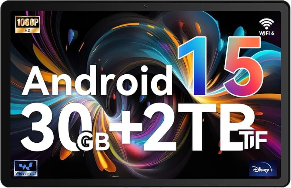 Whitedeer Tablet, Android 15 Tablet 10 Pollici Octa-Core,30GB RAM + 128GB ROM Espandibile 2TB, Split-Screen,WiFi 6, Bluetooth 5.4,Widevine L1, Doppia Fotocamera 5MP+8MP, Batteria 6200mAh, OTG, Nero