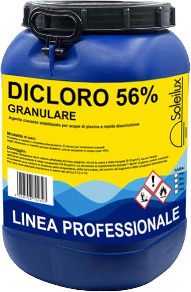 Dicloro Cloro Granulare 56% Rapido per Piscina - 25 kg, Dicloro Stabilizzato a Rapida Dissoluzione per Trattamento Shock, Mantenimento, Iperclorazione, Pulizia ed Igiene dell'Acqua di Piscine