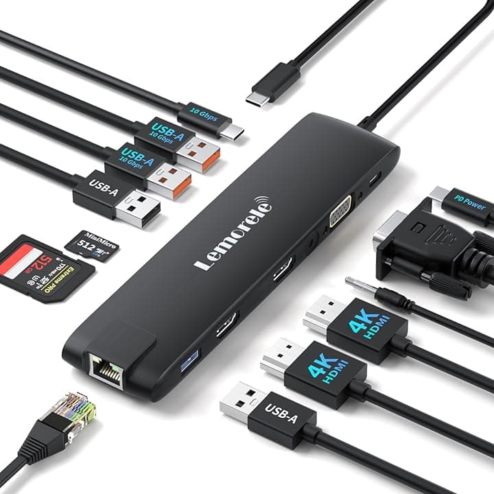 2025 Upgrade Lemorele Docking Station USB C/A 10Gbps 3*Display- 14 in 1, USB C Dock 2 HDMI Adapter 4K, Ethernet, 2 USB 3.2, 2 USB 2.0, VGA, Type-C 3.1, PD 100W, Audio, SD/TF, for Windows, MacBook ClimatePartner certified
