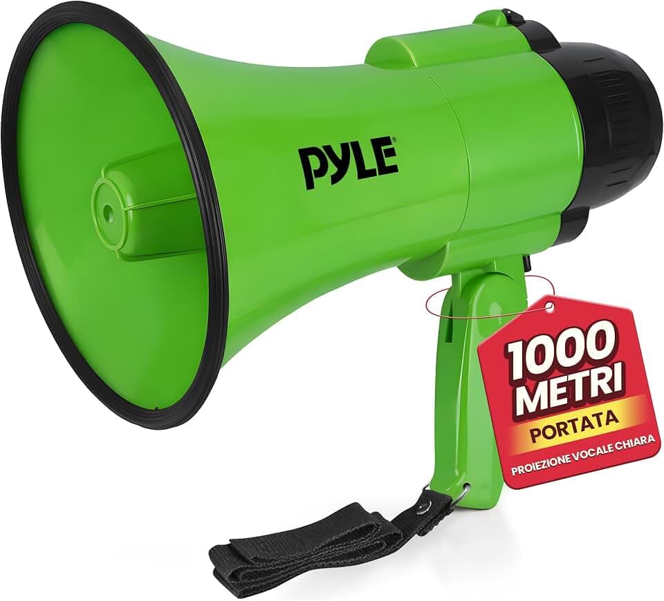 Pyle Megafono a Batteria con Sirena, Megafono Portatile 30 Watt, Microfono, 2 Modalità, Suono PA, Manico Pieghevole, per Cheerleading e Polizia, Verde