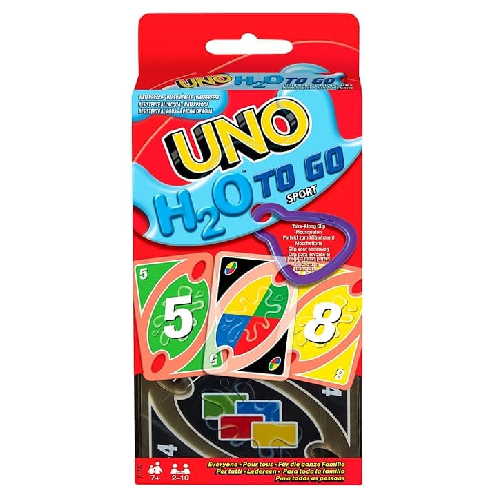 UNO H2O - Versione resistente all'acqua del gioco di carte più amato di sempre, carte plastificate e clip per portare il mazzo sempre con te, giocattolo per bambini, 7+ anni, P1703