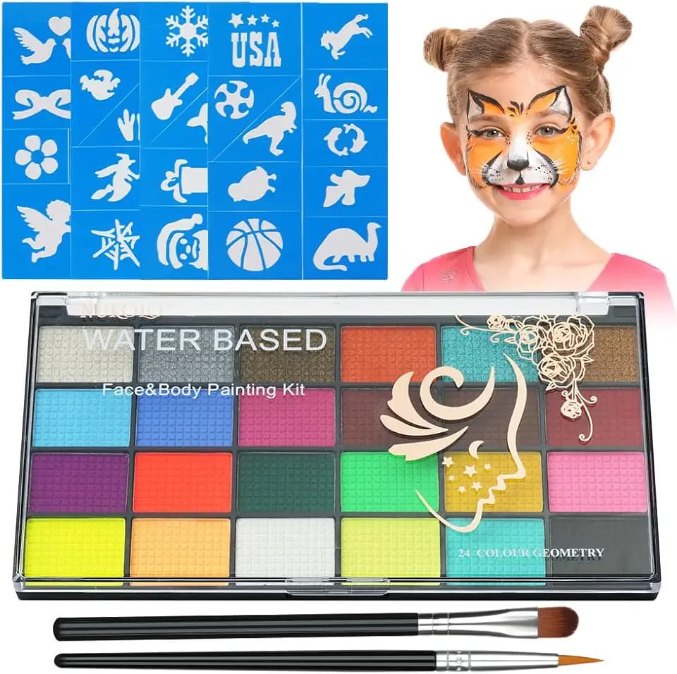 Aomig Body Painting, 24 Colori Face Paints Bambini, Truccabimbi Kit Anallergici Atossici, Kit per la Pittura del Viso Pittura Corpo Bambini per Halloween, Carnevale, Natale, con Stencil e Pennelli