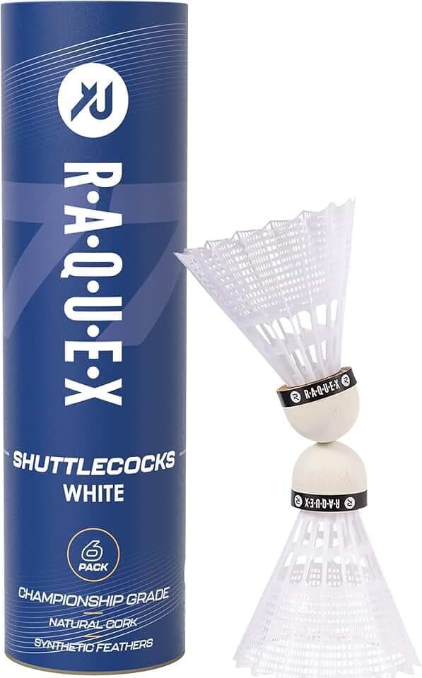 Raquex Volani da Badminton - Piume in Nylon, Tubo di 6 Volani con Testa in Sughero Naturale. Tre Opzioni di Velocità, Volani Bianchi o Gialli. Per Giocare al Coperto o All'aperto