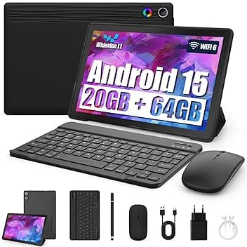 Tablet 10 Pollici Kit 8-in-1 Android 15 Tablet PC con Custodia, Tastiera, Mouse, Penna, Cuffie, Alimentatore, Cavo, Octa-Core, 20 GB RAM, 64 GB ROM, Espandibile 1TB,Display IPS 1280x800,5000 mAh(Nero)
