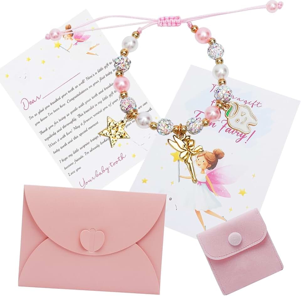KQDRAVINE Fata dei Denti Regali per Bambine, Regalo per Ragazze, Cartolina, Bracciale Bambina, per Compleanno, Battesimo, Natale, Regalo per Figlia, Nipote, Figlioccia