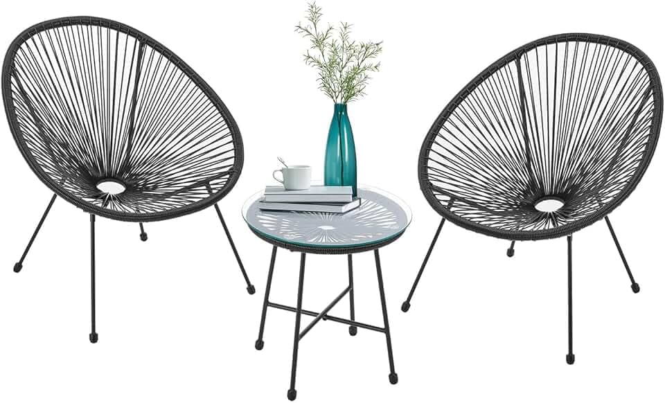 Juskys Set di mobili da balcone Ostana 3 pezzi - Tavolo e 2 poltrone - Elegante gruppo di seduta per balcone, terrazza e giardino - Set di mobili da giardino per balcone Nero