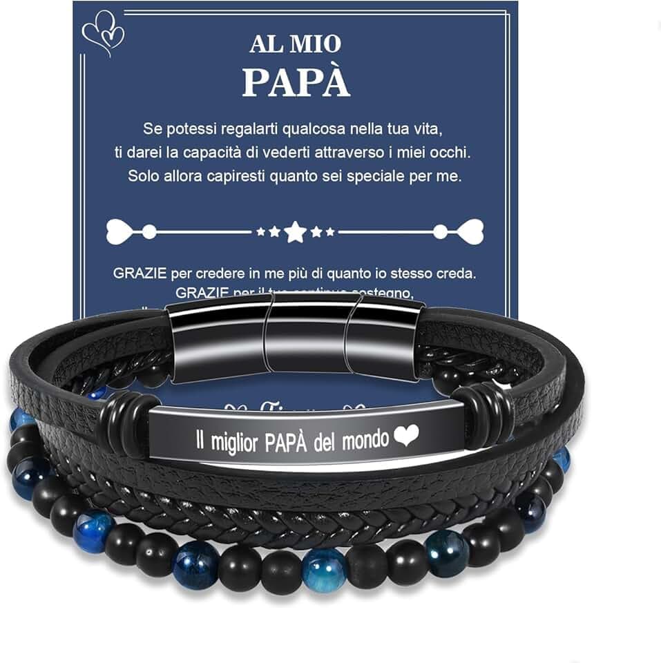 VGWON Regalo Uomo Bracciale da Uomo in Vera Pelle con Pietre Naturali, Regalo per Lui Marito Fidanzato Figlio Papà Nonno, Regalo San Valentino Compleanno Natale Anniversario