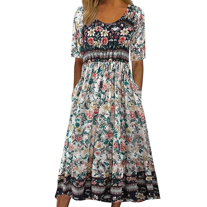 Abito estivo da donna, lungo, ampio, mezze maniche, plissettato, etnico, floreale, abito midi con tasche