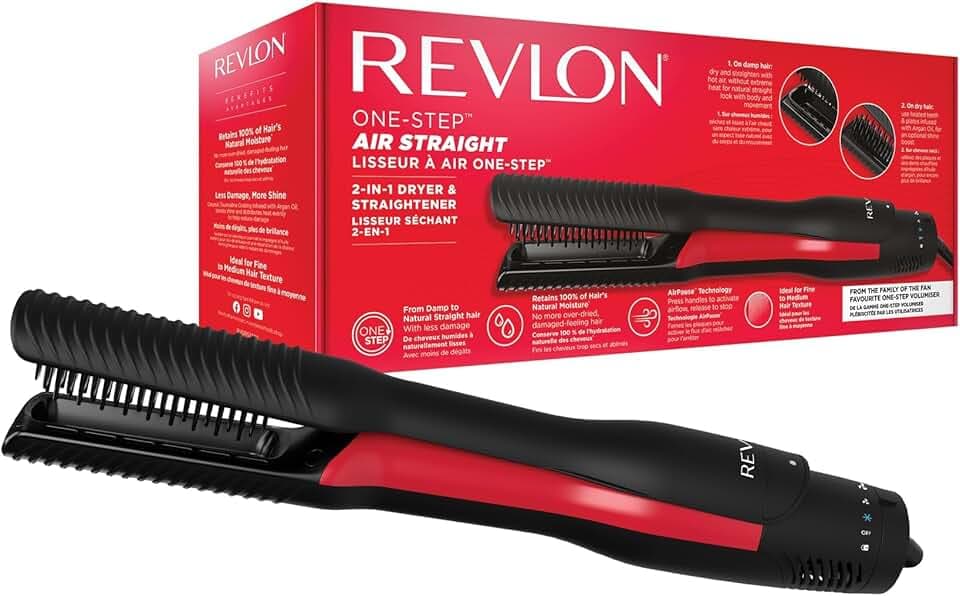 REVLON One-Step Air Straight Piastra ad aria e Asciugacapelli 2-in-1 || Asciuga e liscia con l'aria calda, senza calore estremo - Piastre e denti infusi con olio di Argan || RVDR5330E
