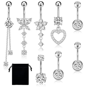 Leikedun Set di 8 piercing per ombelico in acciaio inox 316L con zirconi – Include farfalla, cuore e fiore – ipoallergenico da donna (14 G, 1,6 mm) – ideale per feste e uso quotidiano + sacchetto di velluto