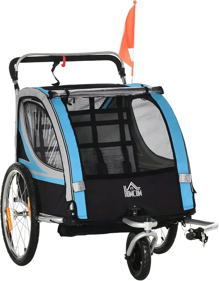 HOMCOM Rimorchio Bici per Bambini e Passeggino, Design 2 in 1 con Freno, Cintura a 5 Punti, Carrello Rimorchio per Bicicletta con Tasche Laterali, Catarifrangenti e Bandierina